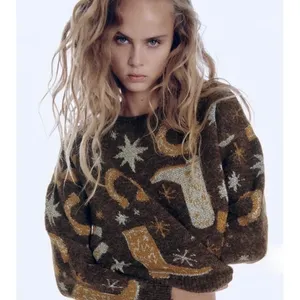 ZARA Western Cosmic Cowboy Boots Stars Jacquard Sweater Metallic Crewneck Small‎ thumbnail 4