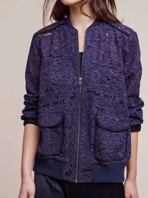 Anthropologie EUC Elevenses Miranda Lace Bomber Jacket Purple Oversized Small thumbnail 1