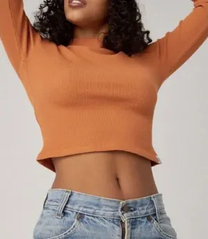 Daydreamer Thermal Crop Long Sleeve Mock Neck Top Orange Womens Large NWT thumbnail 1