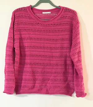 Staccato Openwork Crewneck Sweater in Fuchsia Pink thumbnail 1