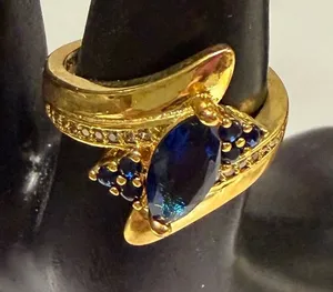 Gold Tone Marquise Blue Sapphire Cluster Ring Size 8 Statement Cocktail thumbnail 1