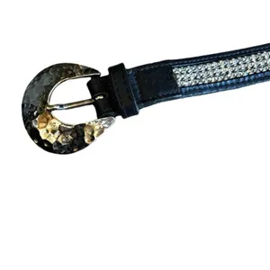 Italian Leather Rhinestone Belt Size XS Western Silver Black Boho Vintage thumbnail 6