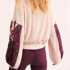 Free People Womens Casual Clash Waffle Top In‎ Rose Balloon Sleeves Boho Sz S thumbnail 3