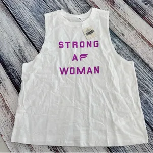 NWT Fabletics White Tank Top with Purple Graphic “STRONG AF WOMAN” thumbnail 2