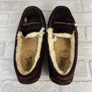 UGG Ansley Moccasin Slippers Womens 10 Brown Suede Shearling Fur Lined Zip Charm thumbnail 6