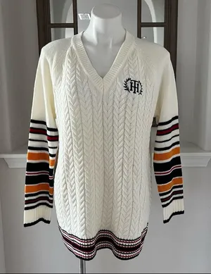 Tommy Hilfiger Sweater Ivory V-Neck Varsity Cable Knit Pullover Size L MSRP $79 thumbnail 2