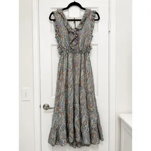 &Merci Paisley Ruffle Cutout Tiered Maxi Dress Olive Green Orange Holiday NWT M thumbnail 2