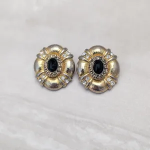 Vintage Clip On Earrings Gold/Silver Tone Gradient Black Cabochon Large thumbnail 2