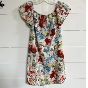 Abercrombie‎ & Fitch Floral Off-The-Shoulder Ruffle Mini Dress White Small thumbnail 13