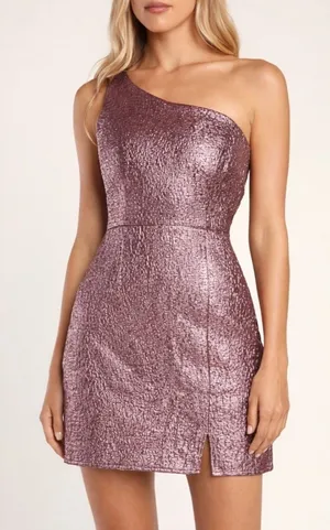 NWT Lulus Pink Metallic Jacquard One Shoulder Mini Dress Sz Small Bodycon Party thumbnail 1