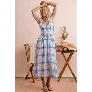 SO ME Shell Smocked Bodice Shoulder Tie‎ Lined Midi Dress - Blue - Large thumbnail 13