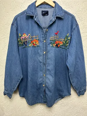VTG 90’s Solution Originals Embroidered Fall Scene Denim Button Up Shirt Size L thumbnail 1