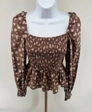 Dizzy Lizzy Smocked Peplum Floral Blouse XS Brown Boho Cottagecore Puff Sleeve thumbnail 1