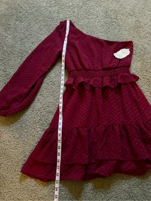 Altar’d State One Shoulder Burgundy Mini Dress Textured Clip Dot Fabric Sz S NWT thumbnail 2