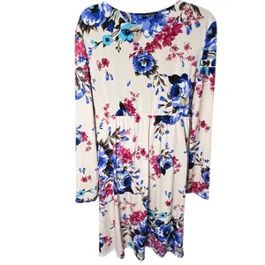 PinkBlush Floral Faux Wrap Maternity Dress Stretch Long Sleeve Beige Blue M/L thumbnail 2