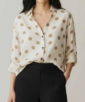 Zara Button Up Shirt Textured Polka Dot Collared Long Sleeve Small Ivory Beige thumbnail 1
