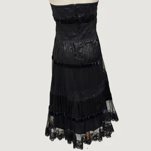 Y2K Two of Us Black Strapless Lace Velvet Tiered Midi Dress Fairy Whimsigoth L thumbnail 2