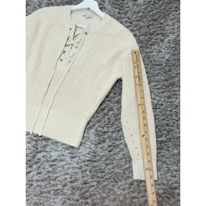 Madewell Lace Up Front Chunky Knit Sweater Cream Beige Long Sleeve Preppy Size S thumbnail 8
