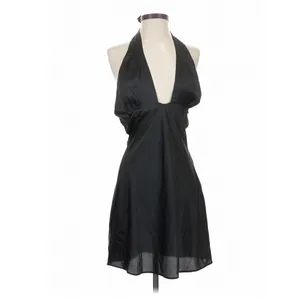 NIA Black Satin Plunge Halter Mini Dress Small Open Back Y2K Indie thumbnail 2