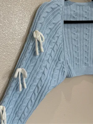 Cider Blue Cable Knit Bow Sleeve Crop Shrug Bolero Coquette Balletcore Large Y2K thumbnail 3