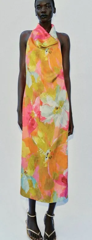 ZARA Floral Halter Midi Dress in Pink and Yellow thumbnail 1