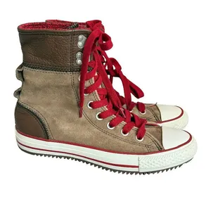 Converse All Star Tan Brown Canvas Leather High Sneaker Boot Lace Size 7 Women's thumbnail 1