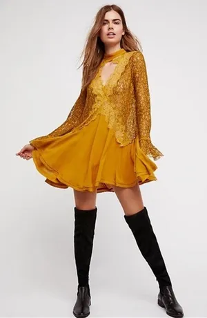 Free People Yellow Tell‎ Tell Secret Origins Eyelash Lace Tunic Dress Size XS thumbnail 1