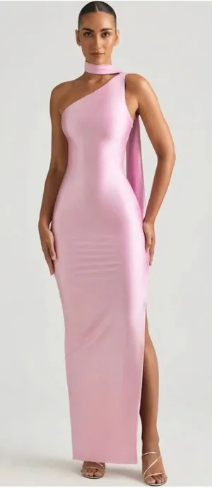 Oh Polly Sheril Asymmetric Scarf-Detail Maxi Dress in Soft Pink Size 4 New thumbnail 1