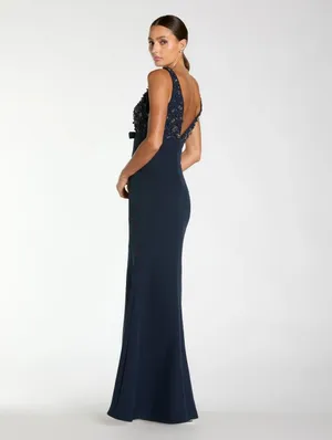 NWOT Mac Duggal 2278 Navy Sleeveless Embellished Crepe Gown With Bow Size 4 thumbnail 5