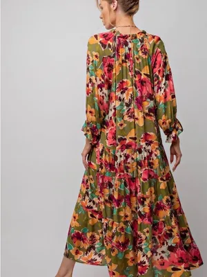 NWT Sabrina Olive Rose Printed 3/4 Sleeve Dress Size Small Tiered thumbnail 2