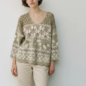 Vintage 90s Tan Floral Embroider Knit Gold poms Cottagecore Grandmacore Sweater thumbnail 3