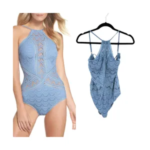 Becca Rebecca Virtue Crochet Lace High Neck One Piece Swimsuit Blue S NWOT‎ thumbnail 2