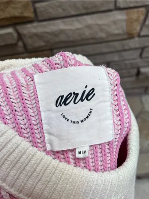 Aerie Beyond Chenille Pink & Cream White Sweater Ribbed Oversized Medium thumbnail 8
