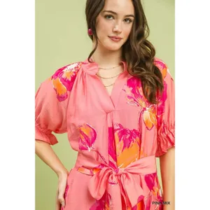 Umgee Floral‎ Flounce Sleeve Midi Dress with Belted - Pink Mix - Large thumbnail 6