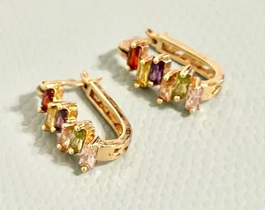 Rainbow Baguette Huggie Hoop Earrings Gold Plated Multicolor CZ Boho thumbnail 1