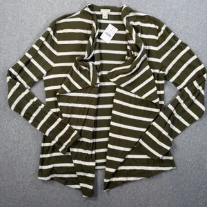 J.CREW Women's Medium Olive Green White Striped Open Drape Cardigan Cotton 68140 thumbnail 1