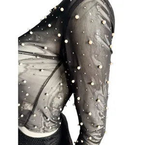 Thirty/Thirty LA Womens Black Sheer Mesh Pearl Embellished Crop Top Large thumbnail 4