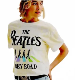 The Beatles Abbey Road Women’s Yellow Tie Dye Rainbow Crop T-Shirt Size Large thumbnail 1