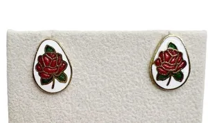 Vintage Red Rose Cloisonné Enamel Egg Shaped Pierced Earrings thumbnail 1