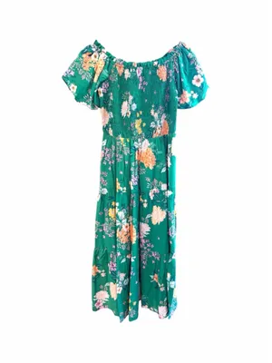 Skies Are Blue Floral Print Smocked Tiered Midi Dress in Green Size S thumbnail 3