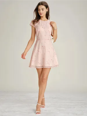 Rihoas Pink Cap Sleeve Jacquard Fit-and-Flare Mini Dress thumbnail 3