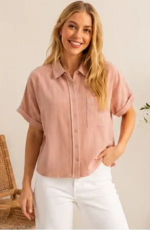 Blush Pink Rayon Linen Button Front Relaxed Blouse | Boutique NWT S thumbnail 1