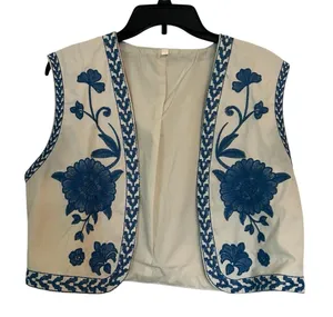 Amazon Like Zara Vest Cream Blue Floral Embroidered Bohemian Western Vest Size M-L thumbnail 1