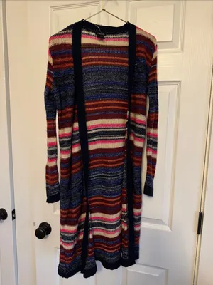 Rue21 Striped Multicolor Open Cardigan with Navy Trim thumbnail 3