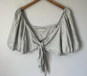 Abercrombie & Fitch Linen Blend Crop Top Flowy Blouse Front Tie Green Size XL thumbnail 1