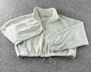 Qinsen Fleece Cropped Jacket‎ Pullover Women's Size Small Cream Y2K Drawstring thumbnail 1
