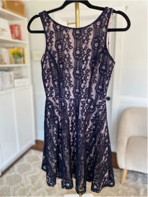 Speechless Navy‎ Mini Dress Lace Formal Romantic Parisian Boho Quiet Luxury S thumbnail 2