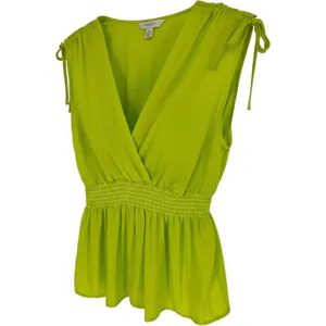 JON & ANNA Peplum Top Women XL Neon Lime Green Tie Shoulder V-Neck Smocked‎ NWT thumbnail 2