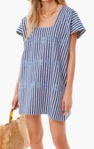 Tuckernuck Sullivan Embroidered Canvas Caftan sz M Blue Stripe Mini Swim‎ Cover thumbnail 1