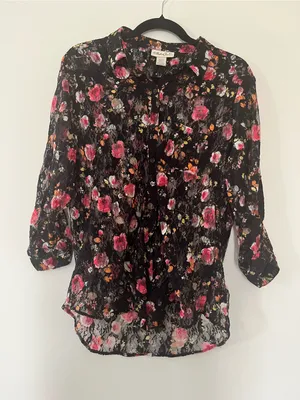 Black Pink Floral Lace Sheer Button Up Top Large Romantic Cottagecore Boho thumbnail 1